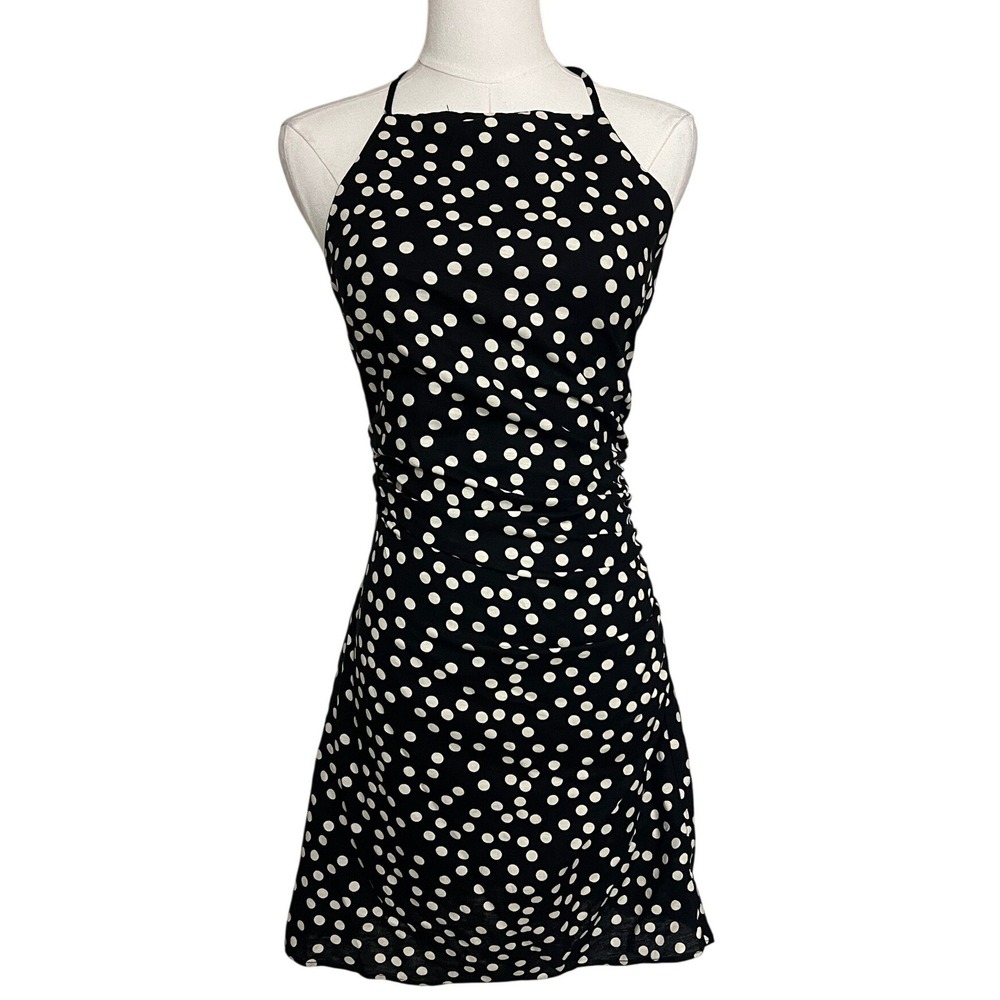 Linen Blend Polka Dot Halter Mini Dress Cross Back Ruched S